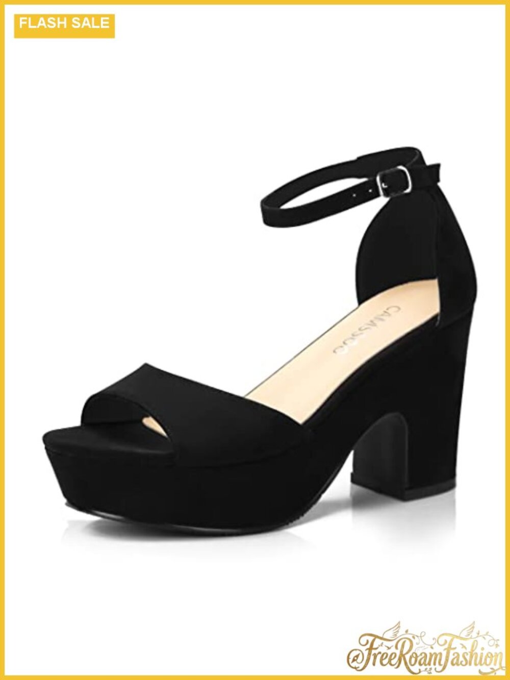 CAMSSOO Women's Suede Platform Heels Chunky Block Heel Open Toe Ankle Strap
